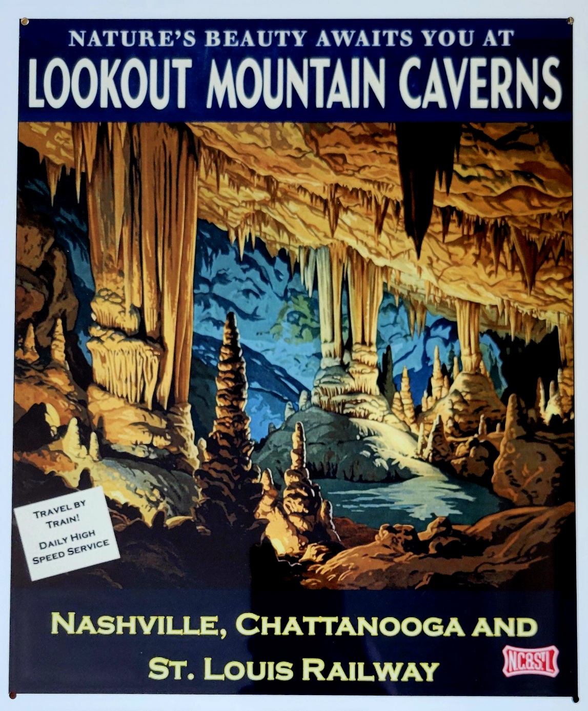 Vintage Travel Poster Sign, NC&StL Railway Lookout Mountain Caverns